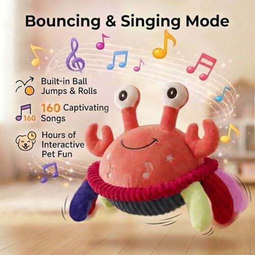 Interactive Talking Dog Toy with Voice Recording & Singing, Jumping Crab Plush, Moving Bouncing Pet Toy, USB-C Rechargeable for Small & Medium Dogs & Cats