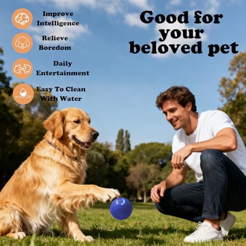 Interactive Duraspin Dog Ball, Self-Bouncing Vibrating & Auto-Rolling, Auto Stop Touch Start Jumping Ball Toy for Medium/Large Dogs (67mm, Blue)