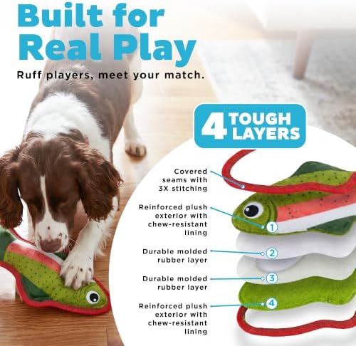 Outward Hound Tough Skinz Dog Toy with Jumbo Squeaker, Trout, 9.5"
