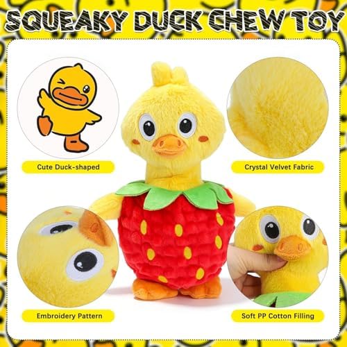 EXPAWLORER Interactive Squeaky Dog Chew Toy, 2-in-1 Detachable Strawberry & Duck Dog Toys, Stuffed Soft Plush Crinkle Fetch Toy with Squeakers in Head & Body for Puppy Small Medium Dogs, Yellow & Red