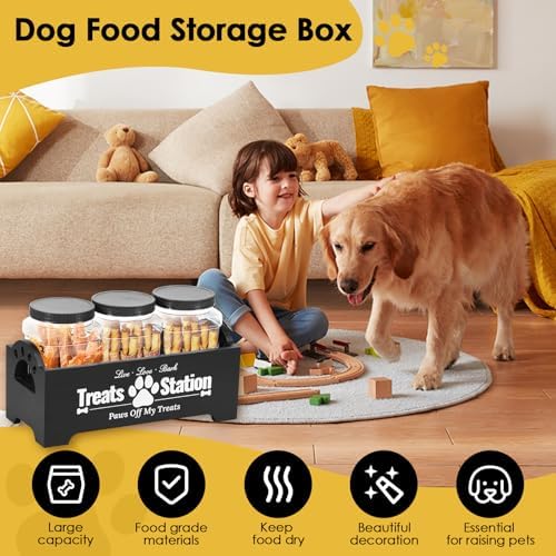 Dog Treat Container, Dog Food Storage Container with 3 Plastic Treat Jars, Wood Countertop Dog Treat Holder, Reusable Dog Treat Storage Organizer, Pet Food Container for Dogs Cats (black)