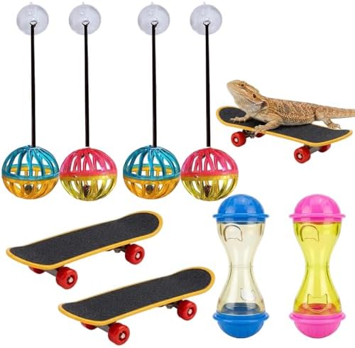 Bearded Dragon Toys, Bearded Dragon Enrichment Toys Set with Feeding Balls and Skateboards, Interactive Lizard Toy Accessories for Small Reptiles and Pets, 8-Piece Habitat Enrichment Kit