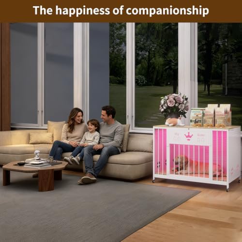31.5" Iron Pegboard Dog Crate Furniture with Solid Wooden Top & RGB Lights