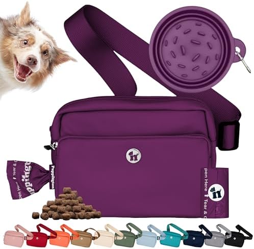 Puppington 3-in-1 Crossbody & Dog Treat Pouch for Pet Training - Matching Compostable Poop Bags, Built-In Poop Bag Dispenser & Slow-Feeding Travel Dog Bowl - Dog Walking Bag (Plum Wine)