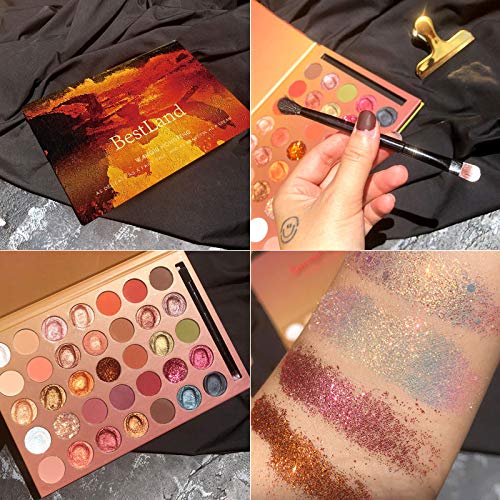 BestLand Pro 35 Colors Glitter Eyeshadow Palette with Eyeshadow Brush，Highly Pigmented Pressed Soft Creamy Metallic Matte Shimmer Naked Eye Shadow Powder Makeup Palette Set