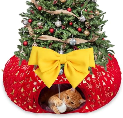 Homimp Christmas Cat Tunnel for Indoor with Bowtie, Cat Christmas Tree Large Tube Playground with Washable Circle Cushion and Plush Ball Toy, Round Pet Peekaboo Cave Toy for Kitten/Puppy/Rabbit,Red