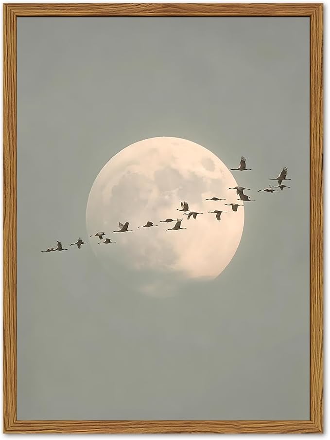 Framed Vintage Bird Wall Art, Minimalist Moon Flying Birds Pictures Wall Decor, Japandi Nature Landscape Paintings Canvas Prints Neutral Home Decor for Living Room Bedroom Bathroom 16x24 inch