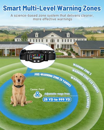 GPS Wireless Dog Fence with 25-999 Yard Range, for Dogs 18+ lbs | Electric Perimeter Containment System with IPX7 Waterproof Collar, Beep Vibration Shock Correction