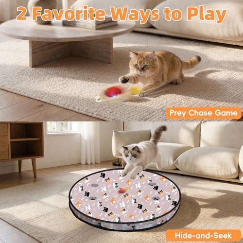 Interactive Cat Toy for Indoor Cats-Hide and Seek Cat Toy with 5-Holes Mat,Automatic Cat Toy Ball with Mouse Squeak in Pouch,Rechargeable Kitten Toy,Motion Activated Ball