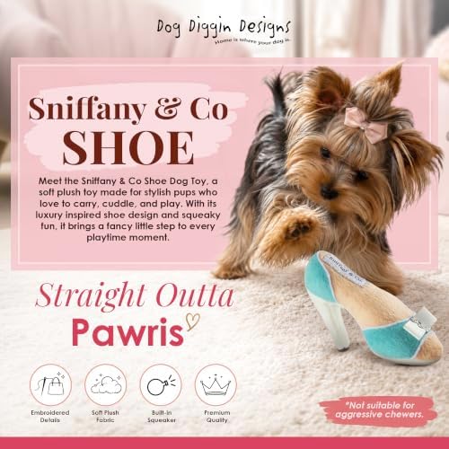 Dog Diggin Designs Sniffany & Co Squeaky Plush Dog Shoe Toy | Luxury-Inspired Parody Designer Heel with Built-in Squeaker, Soft Plush Fashion Dog Toy – High Heel Essentials