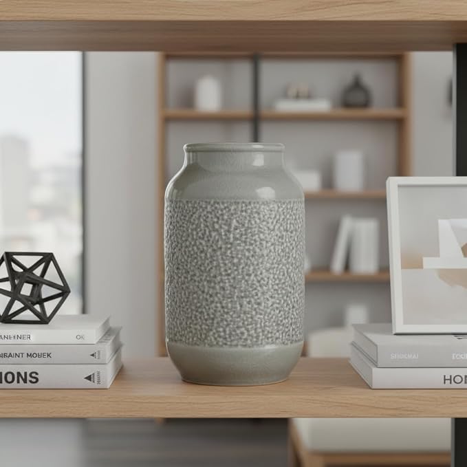 Ceramic Vase for Home Decor, 9 Inch Minimalist Decorative Vases for Flower, Centerpieces, Bookshelf, Tabletop, Living Room, Bathroom, Entryway, Coffee Table Decor, Grey