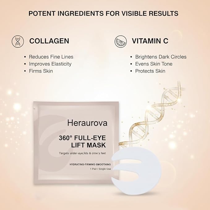 Aurova Beauty Eye Mask, Aurova Collagen Full Eye Masks, 360 Full Coverage Eye Patches with Collagen & Vitamin C, Nourishing and Non Irritating, For Puffy Eyes and Dark Circles, 5 Pairs