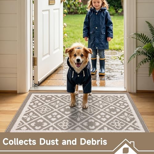 Ileading Indoor Door Mat 2x3ft, Absorbent Muddy Mats for Dogs, Low-Profile Entrance Welcome Mat with Non-Slip Rubber Backing, Washable Runner Carpet for Hallway,Entryway,Kitchen (Beige)