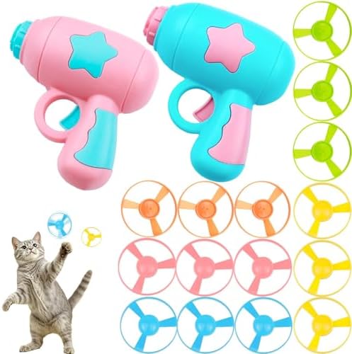 17 Pcs Cat Fetch Toy with Colorful Flying Propellers Set, Additional Flying Discs for Outdoor & Indoor Pet Chasing Training Hunting, Interactive Cat Propeller Toy (Star Pink + Blue)