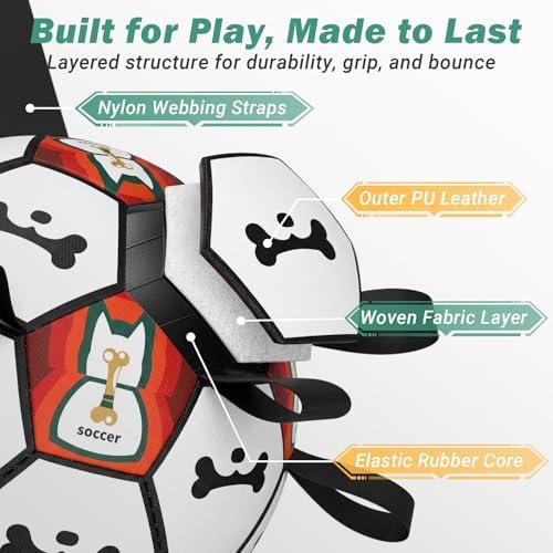 Dog Toy Balls, Dog Soccer Ball with Straps, Interactive World Cup Soccer Ball for Medium Dogs, Water Fetch Toys, Tug-of-War, Herding Ball Toys Outdoor, Dog Birthday Toy, Black (6 Inch)