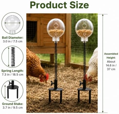 Chicken Treat Dispenser Toy 2 Pack, Spring-Action Treat Balls with Screw-Secured Ground Stakes, Slow Feeder Pecking Enrichment Toys for Hens, Backyard Chickens and Poultry