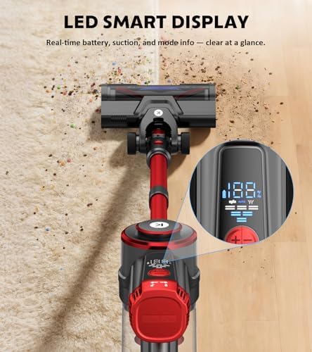 K25 Cordless Vacuum Cleaner, 650W 55KPa Stick Vacuum, 70Min Runtime (Red)