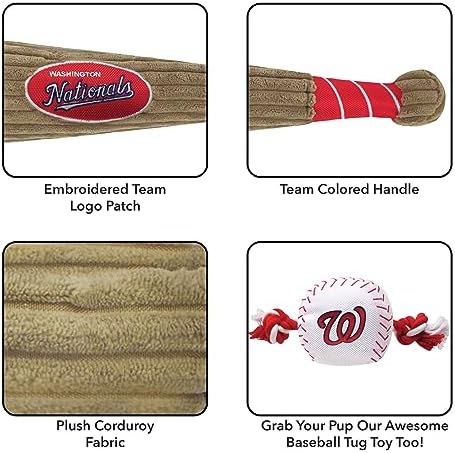 MLB Washington Nationals Baseball Bat Toy for DOGS & CATS. Soft Corduroy Plush Dog Toy with Inner SQUEAKER, MLB Chew Toys for Dogs or Cats. Durable Fun Interactive Dog Toy with Team Names and Logo
