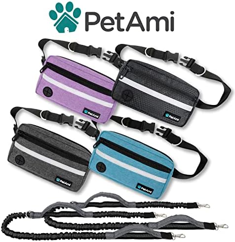 PetAmi Hands Free Dog Leash Waist Belt Bag Fanny Pack, Double, Purple