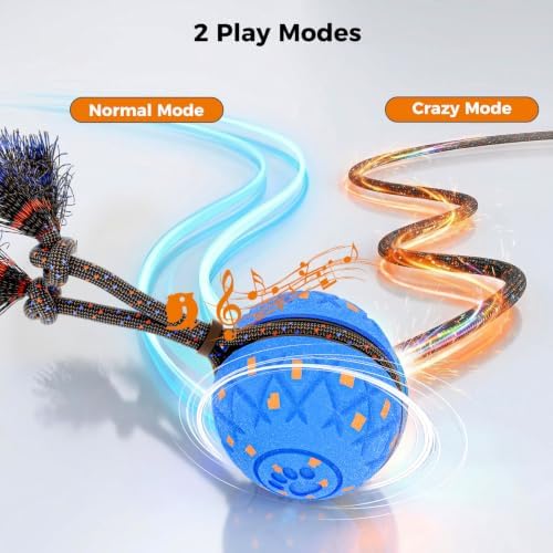 Interactive Dog Toys Ball for Boredom, 2 Modes Automatic Moving Bouncing Dog Toys for Aggressive Chewers, Durable Smart Rolling Puppy Enrichment Toys with Rope for Medium Large Dogs