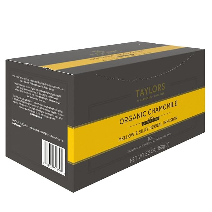 Taylors of Harrogate Organic Chamomile, Herbal Tea, Individually Wrapped Bags, 100 Count (Pack of 1), Mellow, Silky & Soft, Caffeine-Free, Enjoy Hot or Iced, 100 Teabags