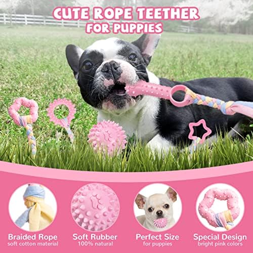 ABRRLO 6 Pack Puppy Teething Toys Cute Pink Puppy Chew Toys for Teething Small Breed Dog Chew Toy Interactive Pet Toy Set for Puppies to Keep Them Busy Soft Durable Small Breed Doggy Chewing Ball