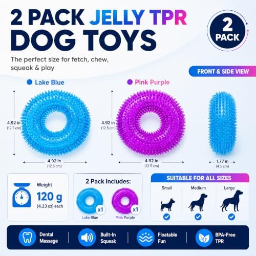 Dog Chew Toys for Aggressive Chewers, Squeaky Floating Donut Rings, 2 Pack
