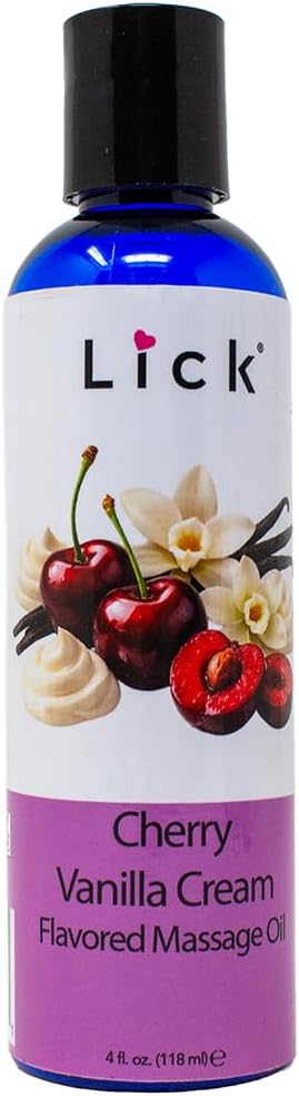 Lick Cherry Vanilla Cream Flavored Massage Oil – Tropical Edible Massage Oil with Sweet Almond Oil & Vitamin E, Hydrating Body-Safe Formula for Relaxing Couples Massage, 4 oz