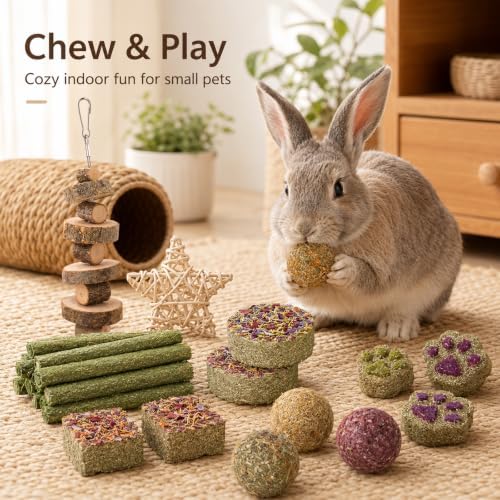 Grddaef Rabbit Toys, Guinea Pig Toys 17Pcs Natural Timothy Hay Bunny Chews and Treats for Hamster Chinchilla Gerbil