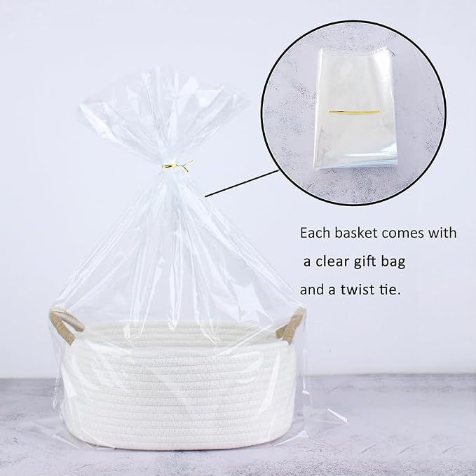Yimi's Dream White Cotton Rope Gift Basket with Brown Handle, 12 x 8 x 5 in | Small Oval Empty Decorative Basket for Easter, Baby Shower, Cat or Dog Toys, Gifts, Nursery, Shelves, and Home Organization