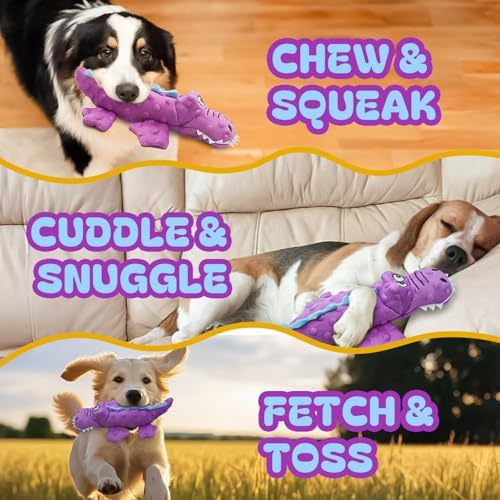 Squeaky Octopus Dog Toy – No Stuffing, Crinkle Sound Plush Chew Toy for Small and Medium Dogs – Durable and Machine Washable – 2 Pack (Purple Crocodile)