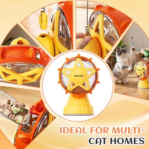 Interactive Cat Treat Dispenser - Ferris Wheel Feeder & Teaser Wand | Cat Puzzle Feeder | Stable Suction Base Design | Adjustable Treat Opening | Hunting Instinct Stimulation | Exercise