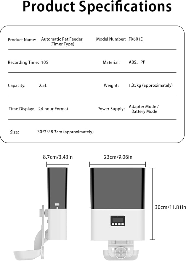 Automatic Pet Feeder for Cats and Small Dogs, Cage-Mounted, 2.5L | Timed & Portion Control Feeding,Dual Power Supply(Plug-in & Battery),Easy to Clean,Space Saving,Ideal for Cages