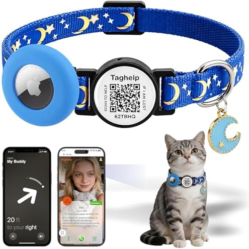 Stars and Moon AirTag Cat Collar with AirTag Holder,Air Tag Cat Collar for Apple. Solid & Safe, Pet Collar, Breakaway Cat Collar, QR Code Cat ID Tags - Pet Online Profile(Blue)