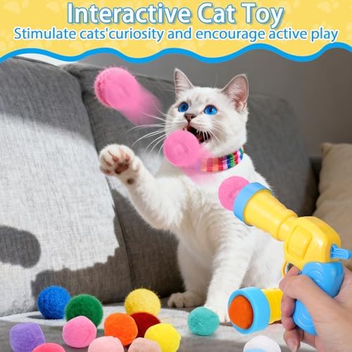 Mity rain 102PCS Cat Ball Launchers & Pom Pom Balls Interactive Cat Toy Set