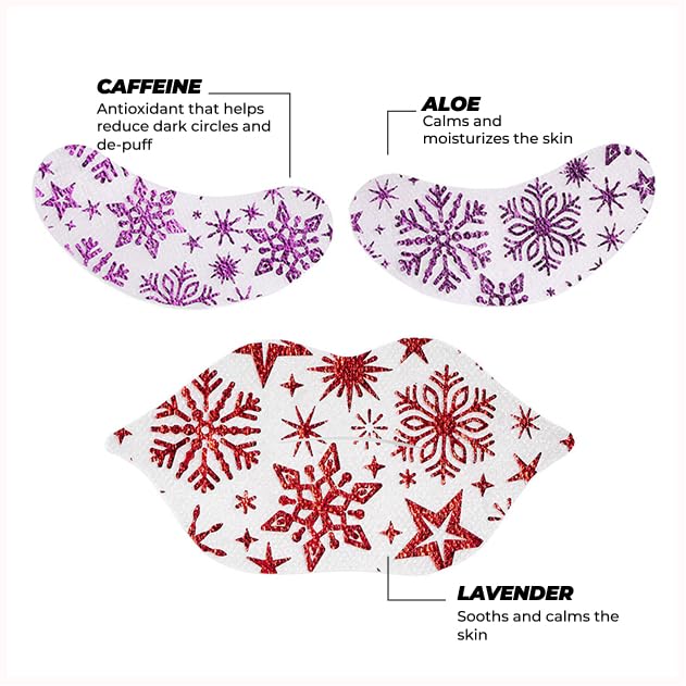 Snow Bliss Eye Patches & Lip Mask Set Korean Skin Care Beauty Gift Set With Undereye Patches For Dark Circles & Candy Cane Lip Patches, Perfect Stocking Stuffers & Spa Gifts For Women,1 Pair each