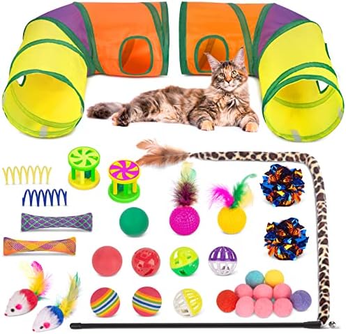 Retro Shaw 33PCS Interactive Cat Toys, Cat Play Tunnels for Indoor Cats | Kitten Feather Wand Springs Crinkle Balls Bell Plush Mice Chew Kicker, Relieves Boredom & Anxiety