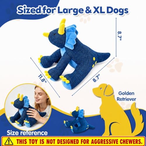 Large Squeaky Triceratops Plush Dog Toy, Belly Squeaker and Honeycomb Mesh, Soft Dinosaur Toy for Fetch, Carrying and Gentle Tug, Dark Blue