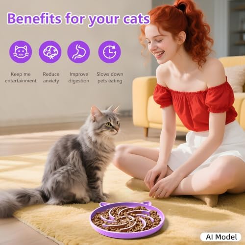 2Pcs Silicone Slow Feeder Cat Bowl,Puzzle Feeder,Interactive Toys,Slow Feeding cat Bowl Suitable for All Dry and Wet Foods,Easy to Clean Silicone Bowls(Orange and Purple)
