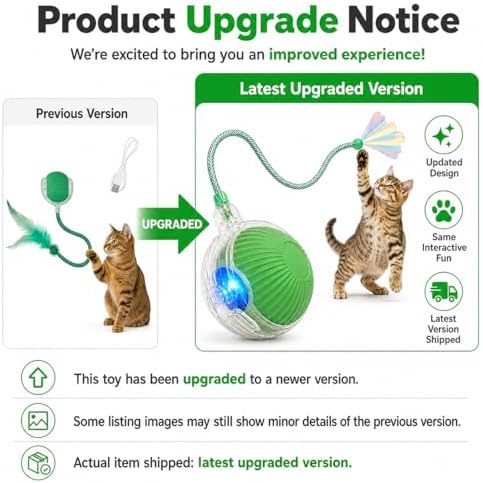 Interactive Cat Toy Ball with LED Lights – USB-C Rechargeable Automatic Cat Toy with Feather Tail for Indoor Cats & Kittens, Upgraded Version