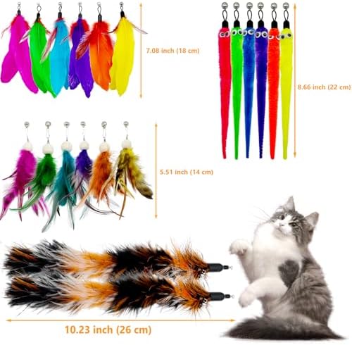 Cat Feather Worm Toy Refills, 20 Pieces Cat Toys Wand Replacement Attachments Assorted Worm Feather Toy for Indoor Cats