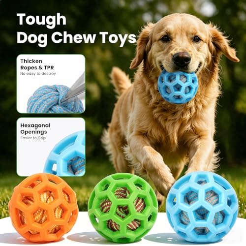 HGB 3.2" Dog Toy Ball for Aggressive Chewer, Tough Rubber, Cotton Rope Ball
