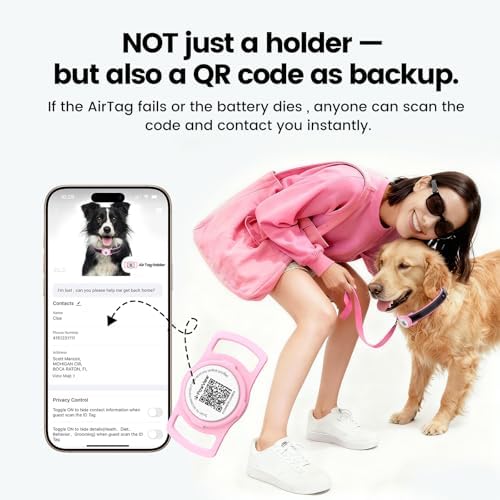 Leather Dog Collar with AirTag Compatible Holder & QR ID, Pink, M