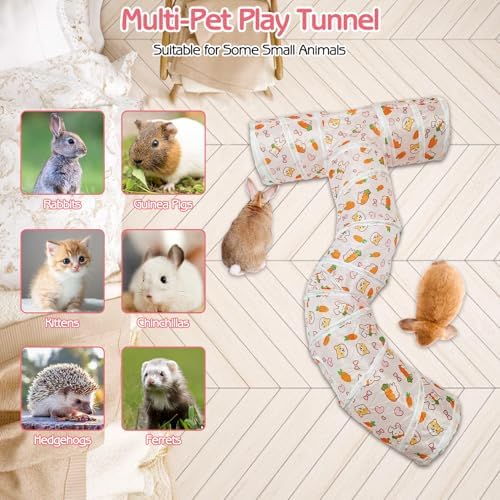 PINVNBY Large Rabbit Tunnel，Collapsible Rabbit Tunnels for Indoor Bunnies Bunny Hideout with 5 Types of Chewing Toys for Ferret Kitten Small Animals (T Shape)