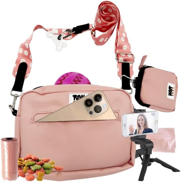 Hands-Free Dog Walking Crossbody for Training, Treat Pouch, Built-in Poop Bag Dispenser, Used Bag Hook & Bonus Tripod (Pink)