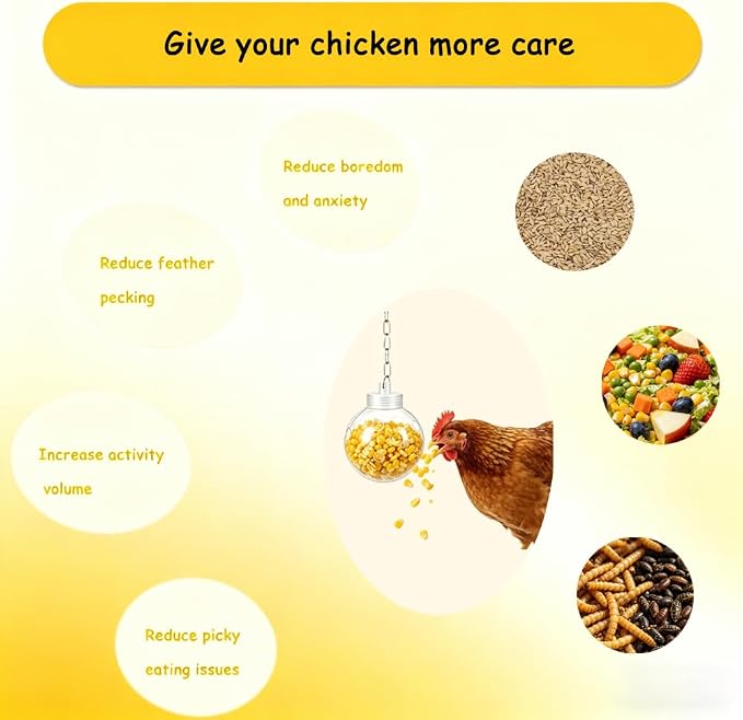 2pcs Chicken Treat Dispenser Toy,Interactive Slow Feeder Hanging Ball with Chain,Chicken Pecking Foraging Enrichment Toy, Coop Accessories for Hens Poultry Duck Birds Parrots (1)