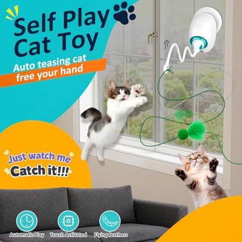 Interactive Cat Toys for Indoor Cats, Automatic Flying Feather Wand, Suction Cup Design, USB Rechargeable, Wall-Mounted Hanging Cat Toys for Bored Indoor Adult Cats