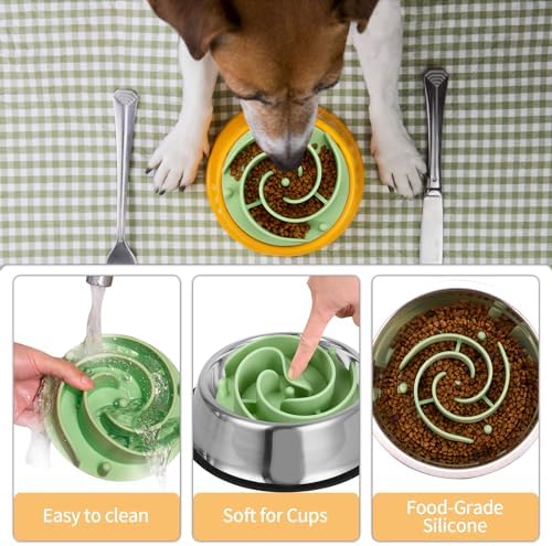 Slow Feeder Dog Bowls Insert, Bestalk Soft Silicone Slow Eating Feeder Insert with Suction Cups for Small, Medium and Large Dogs, Fit into Basic and Elevated Dog Bowls, Green
