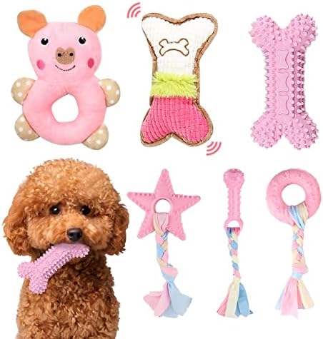 6 Pack Puppy Toys for Teething Small Dogs, Cute Pink Dog Chew Toys for Puppies, Soft Squeaky Dog Toys for Small Breed Cleaning Doggy Teeth, Outdoor Interactive Small Dog Chew Toys Set