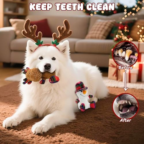 Dog Toys Squeaky Interactive Stuffed PP Cotton Puppy Teething 2-Pack Chew Toy Deer Shape Crinkle Sound Paper Tail, for Large Medium Small Breeds Indoor Outdoor Play
